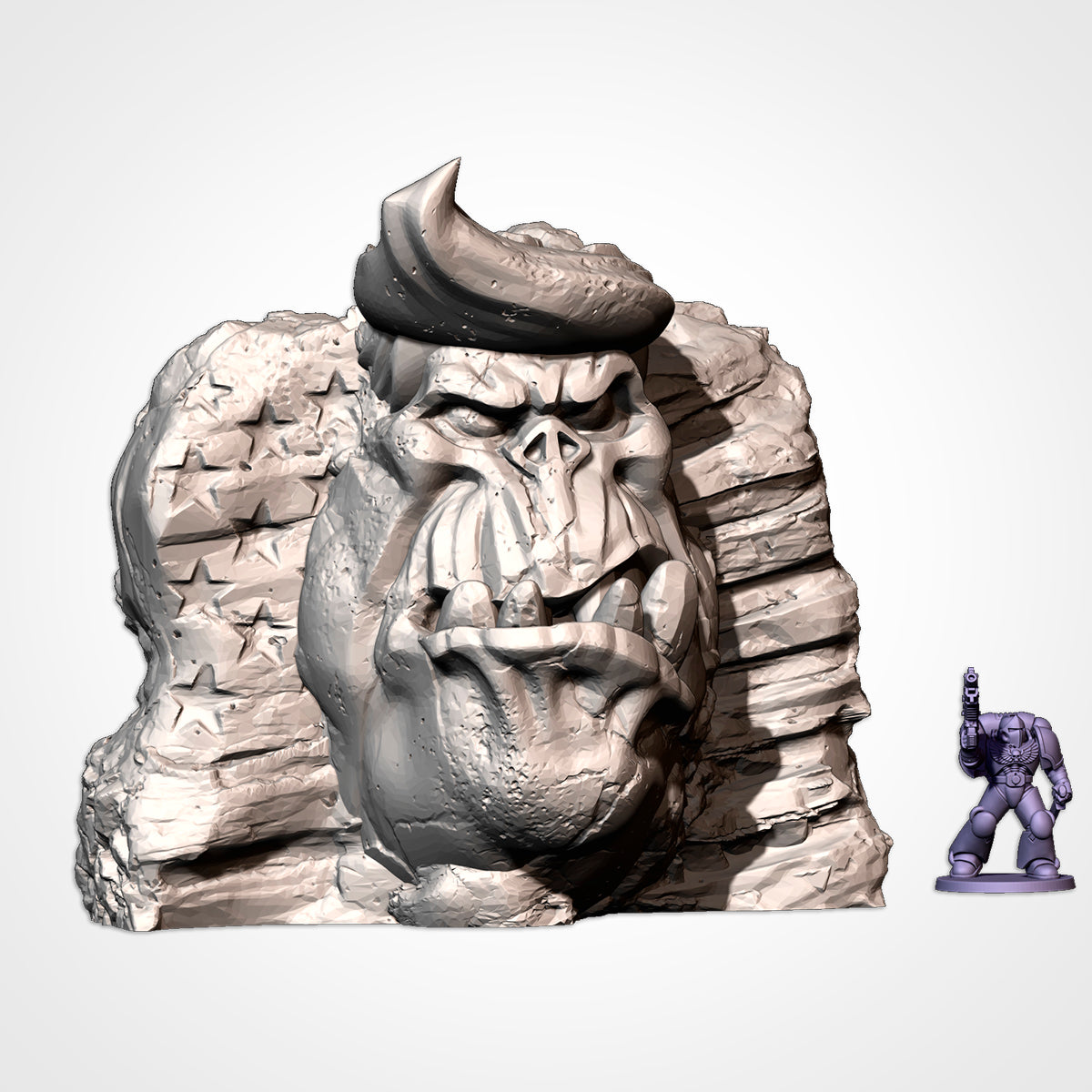 Monument 2: orc head with a swept quiff before a starred rock backdrop, beside a 32mm figure (Txarli Factory render)