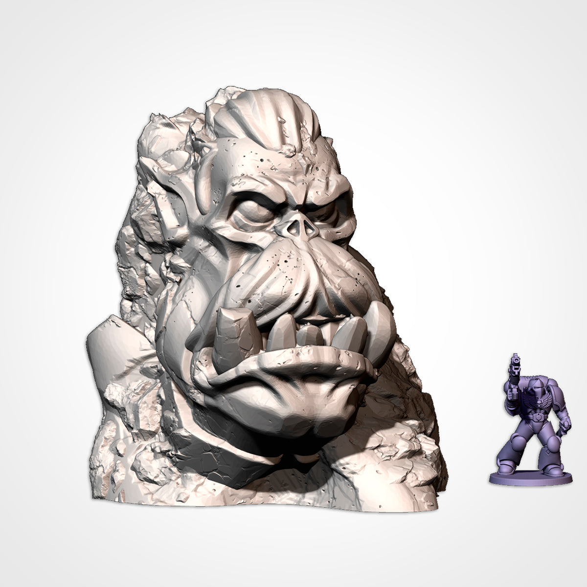 Monument 4: orc head with swept-back hair and a heavy jaw in a rock outcrop, beside a 32mm figure (Txarli Factory render)
