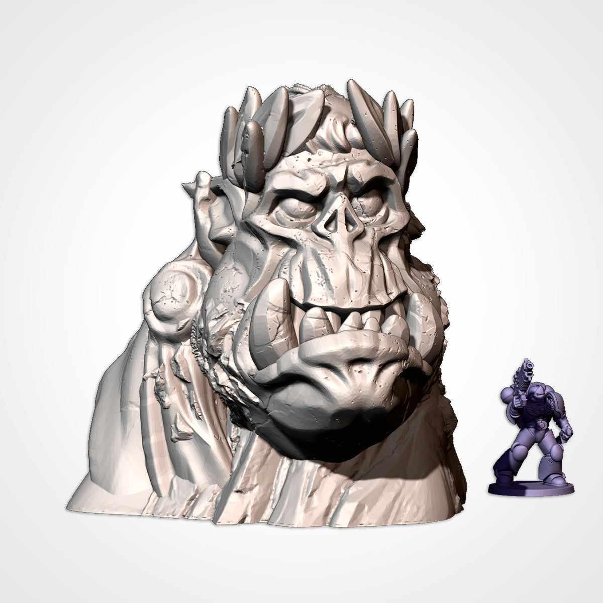 Monument 5: orc head wearing a laurel wreath and cloak, beside a 32mm figure (Txarli Factory render)