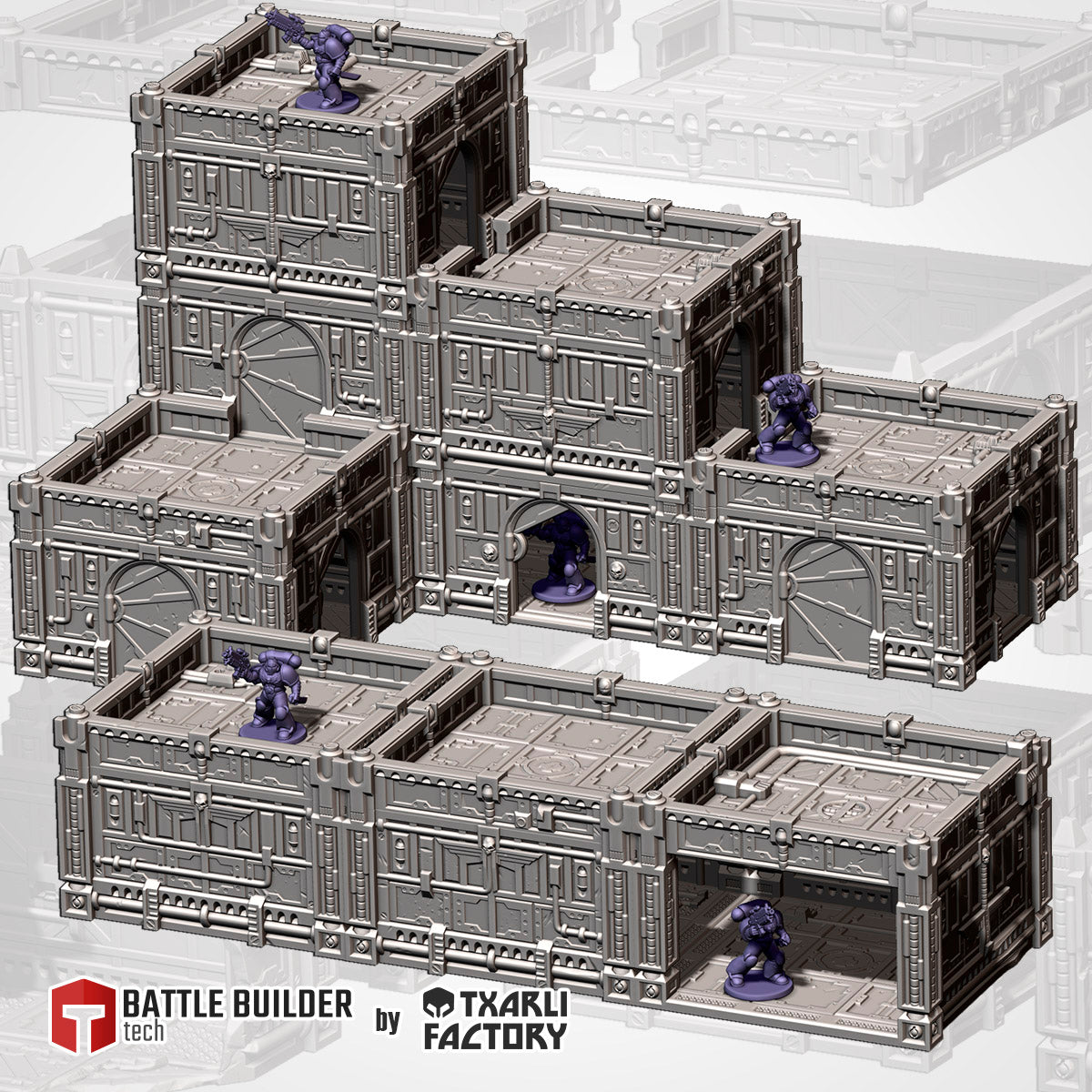 Range of modular hive city room and roof deck pieces assembled into sci-fi buildings