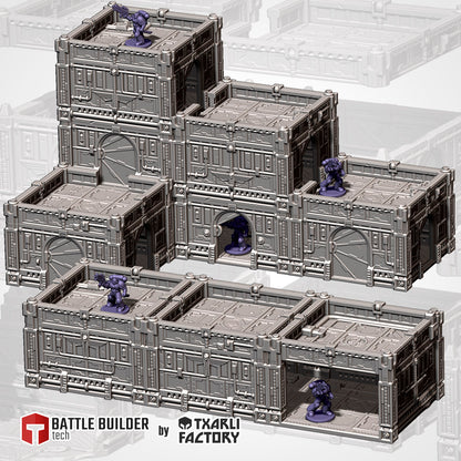 Range of modular hive city room and roof deck pieces assembled into sci-fi buildings