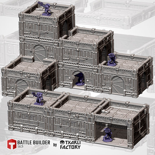 Range of modular hive city room and roof deck pieces assembled into sci-fi buildings