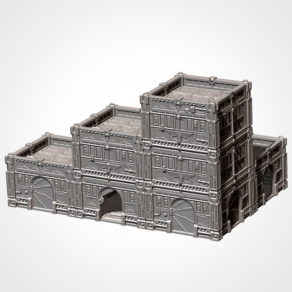 Stepped multi-story hive city tower built from stacked rooms