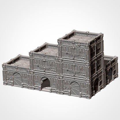 Stepped multi-story hive city tower built from stacked rooms