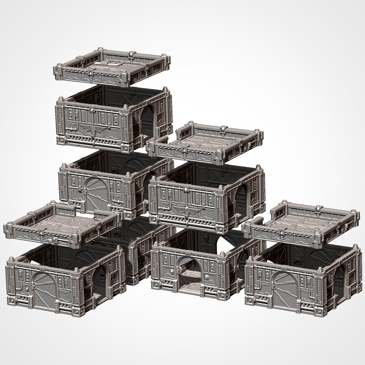 Exploded view of hive city rooms stacking with roof decks between