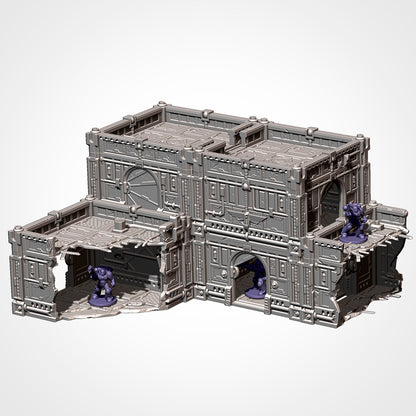 Two-story modular hive city building with infantry figures for scale
