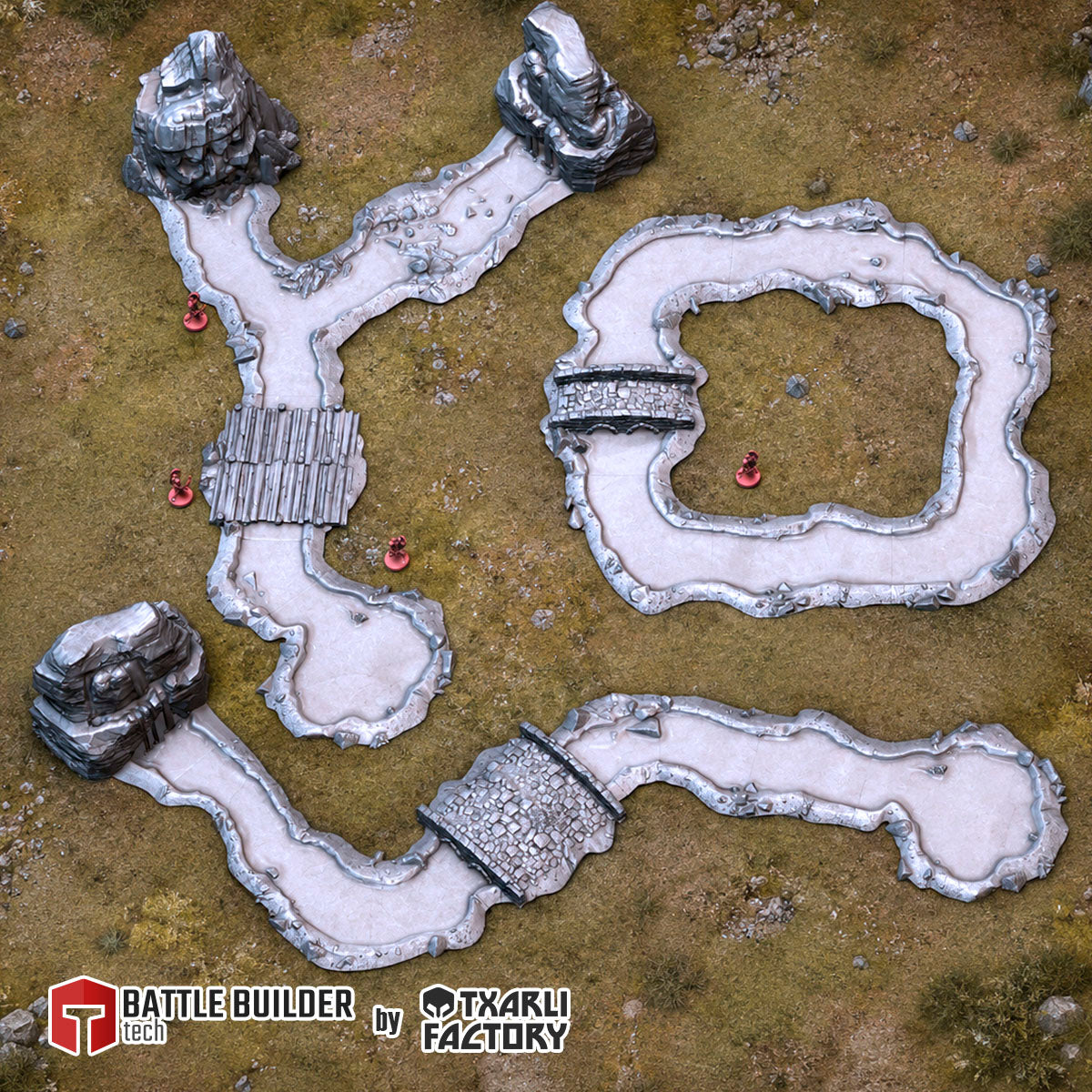 Painted modular river terrain with bridges, curves, and rocky spring sources