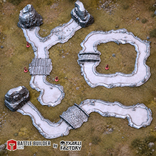 Painted modular river terrain with bridges, curves, and rocky spring sources
