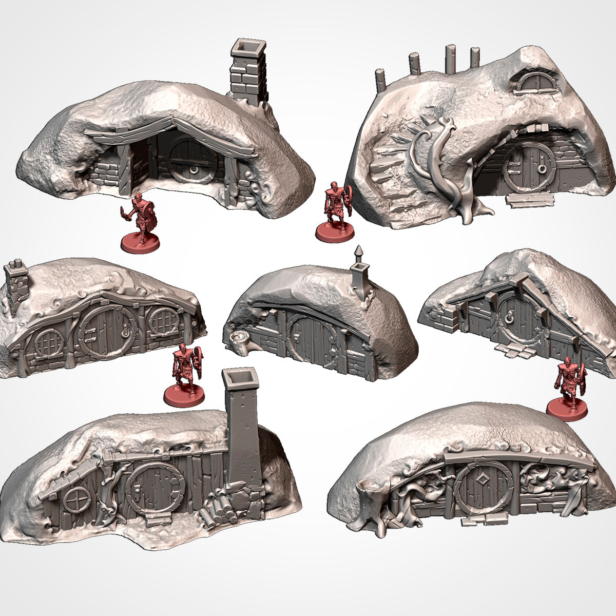 Greenhill Shire by Txarli Factory: all seven burrows as unpainted 3D renders with 32mm figures for scale.