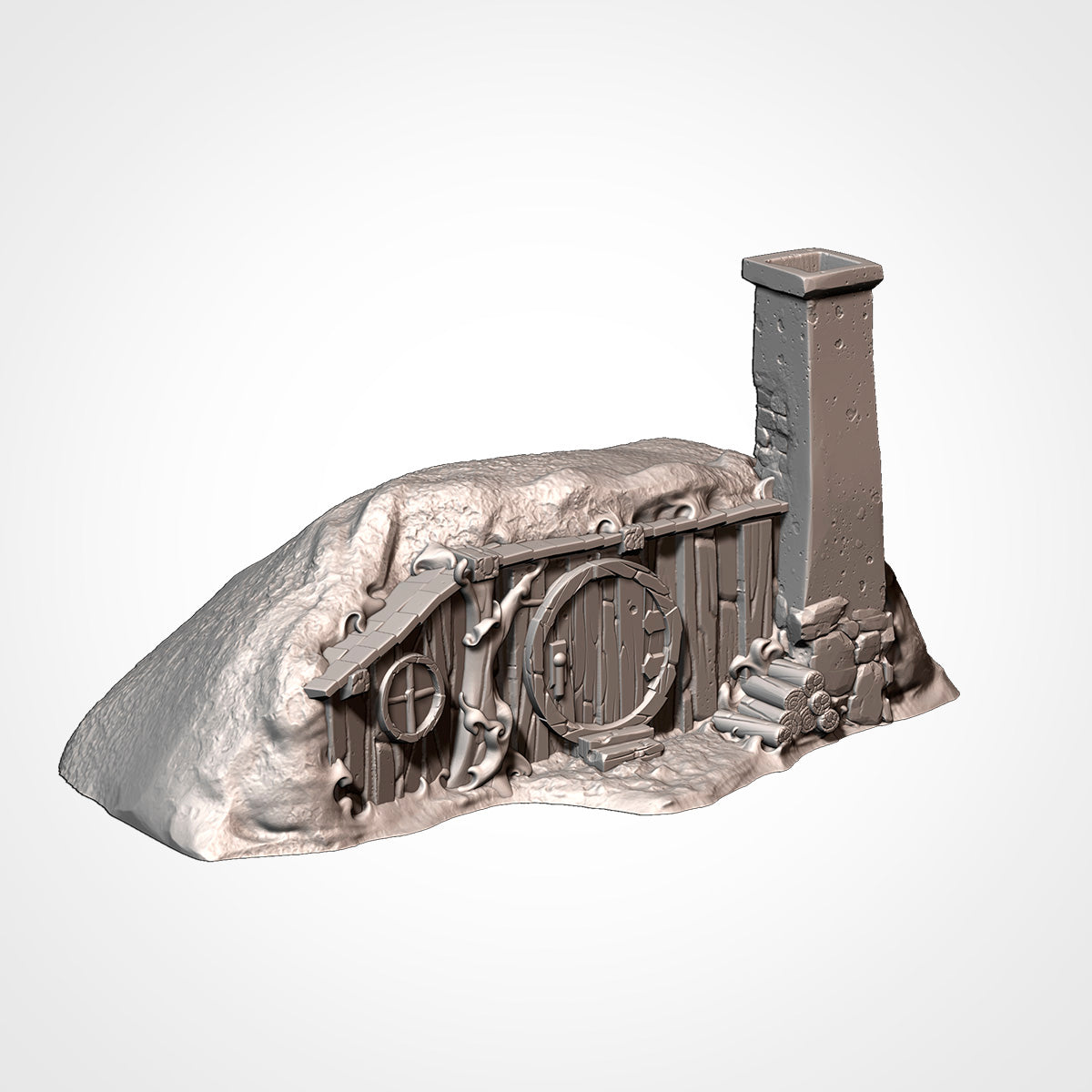 Burrow 1: three-quarter view showing the turf mound and square stone chimney (Txarli Factory render).