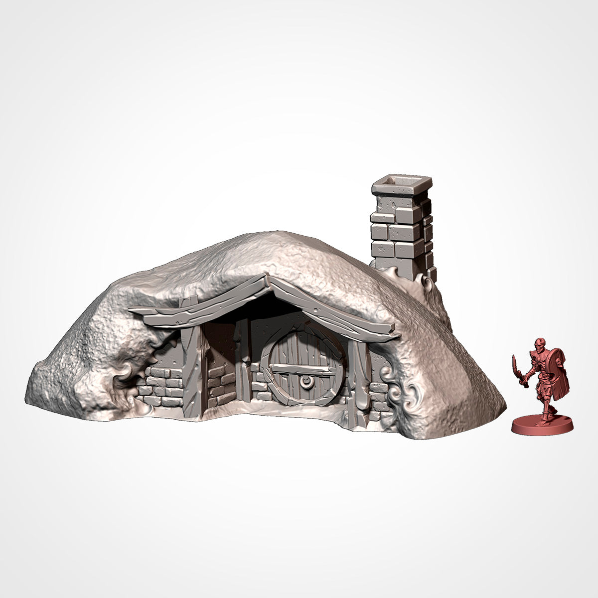 Burrow 2: front view beside a 32mm figure, gabled timber porch and brick chimney (Txarli Factory render).