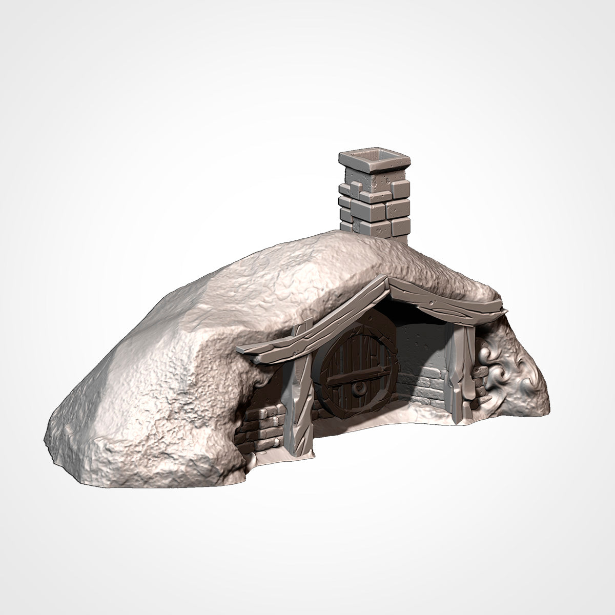 Burrow 2: three-quarter view showing the turf mound and gabled timber porch and brick chimney (Txarli Factory render).