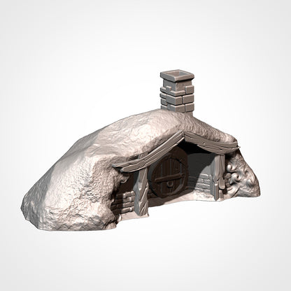 Burrow 2: three-quarter view showing the turf mound and gabled timber porch and brick chimney (Txarli Factory render).