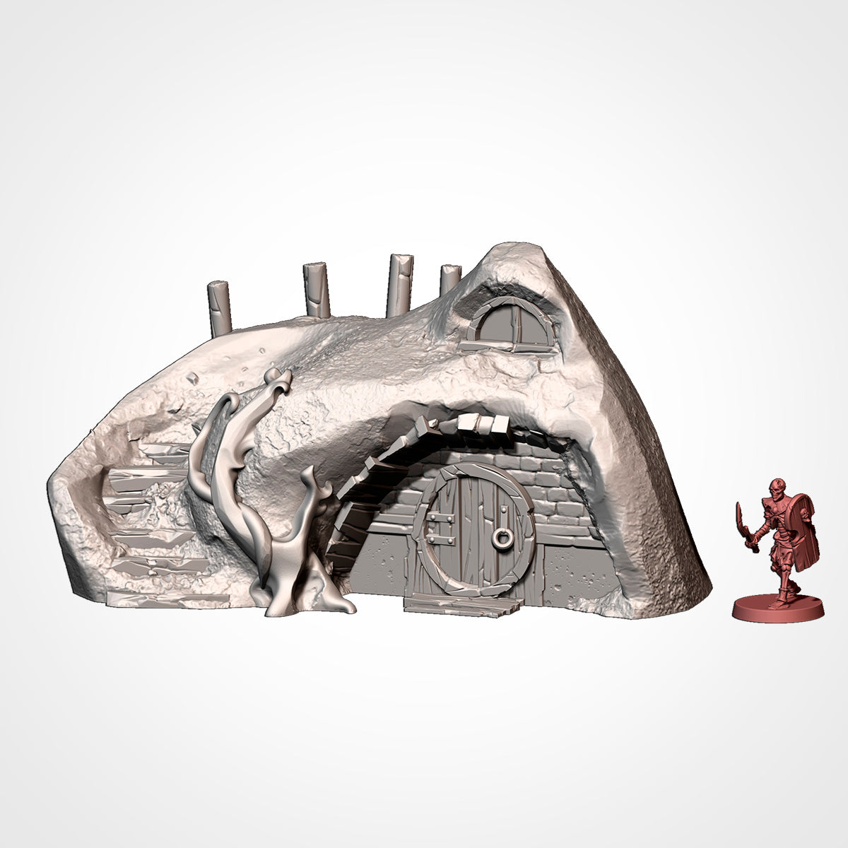 Burrow 3: front view beside a 32mm figure, stone stair, tree and post fence with a window in the hillside (Txarli Factory render).