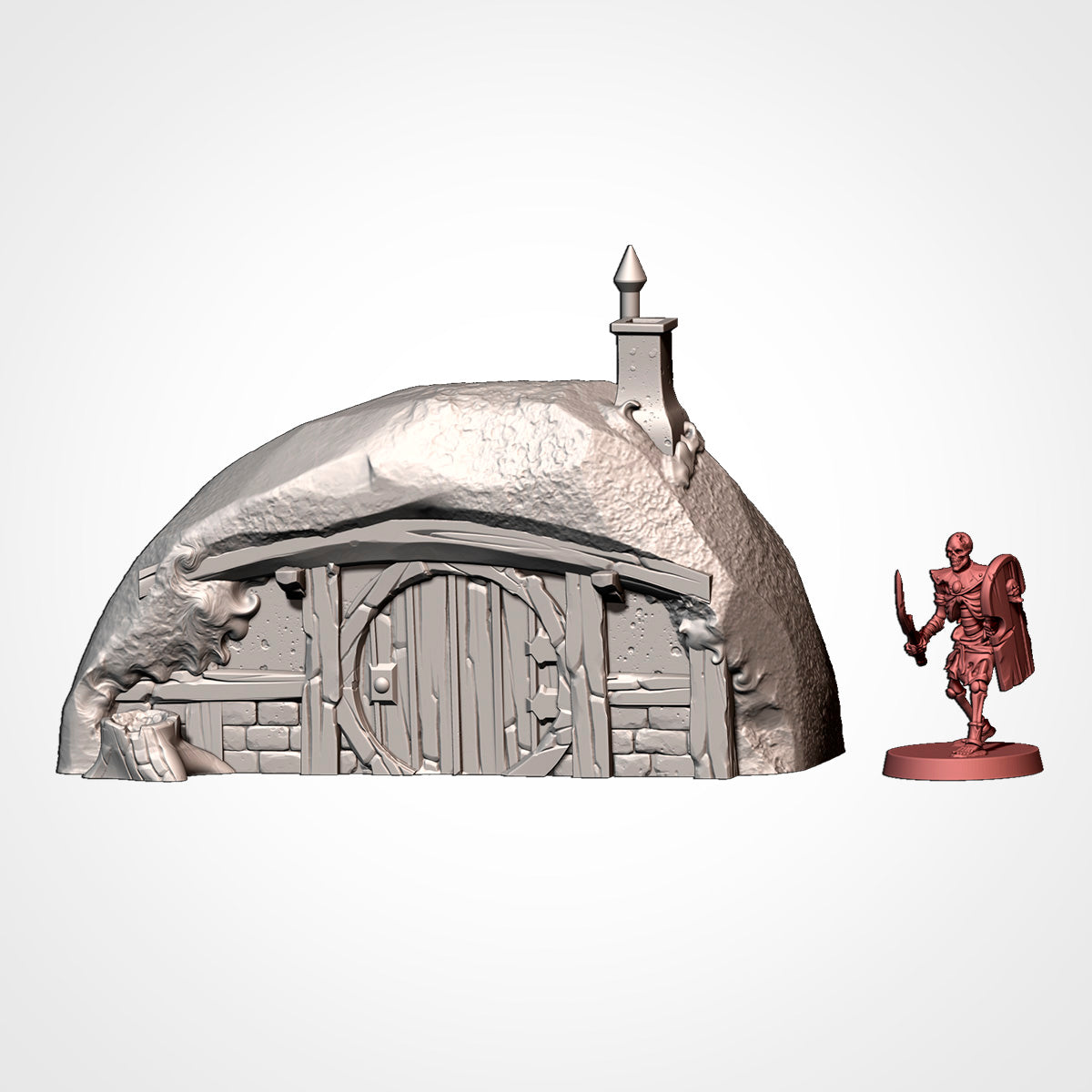 Burrow 4: front view beside a 32mm figure, spired chimney, arched lintel and a cut stump (Txarli Factory render).