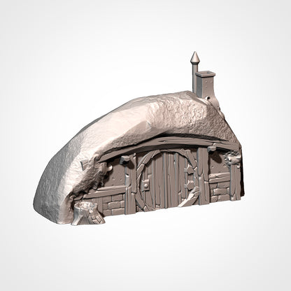 Burrow 4: three-quarter view showing the turf mound and spired chimney (Txarli Factory render).