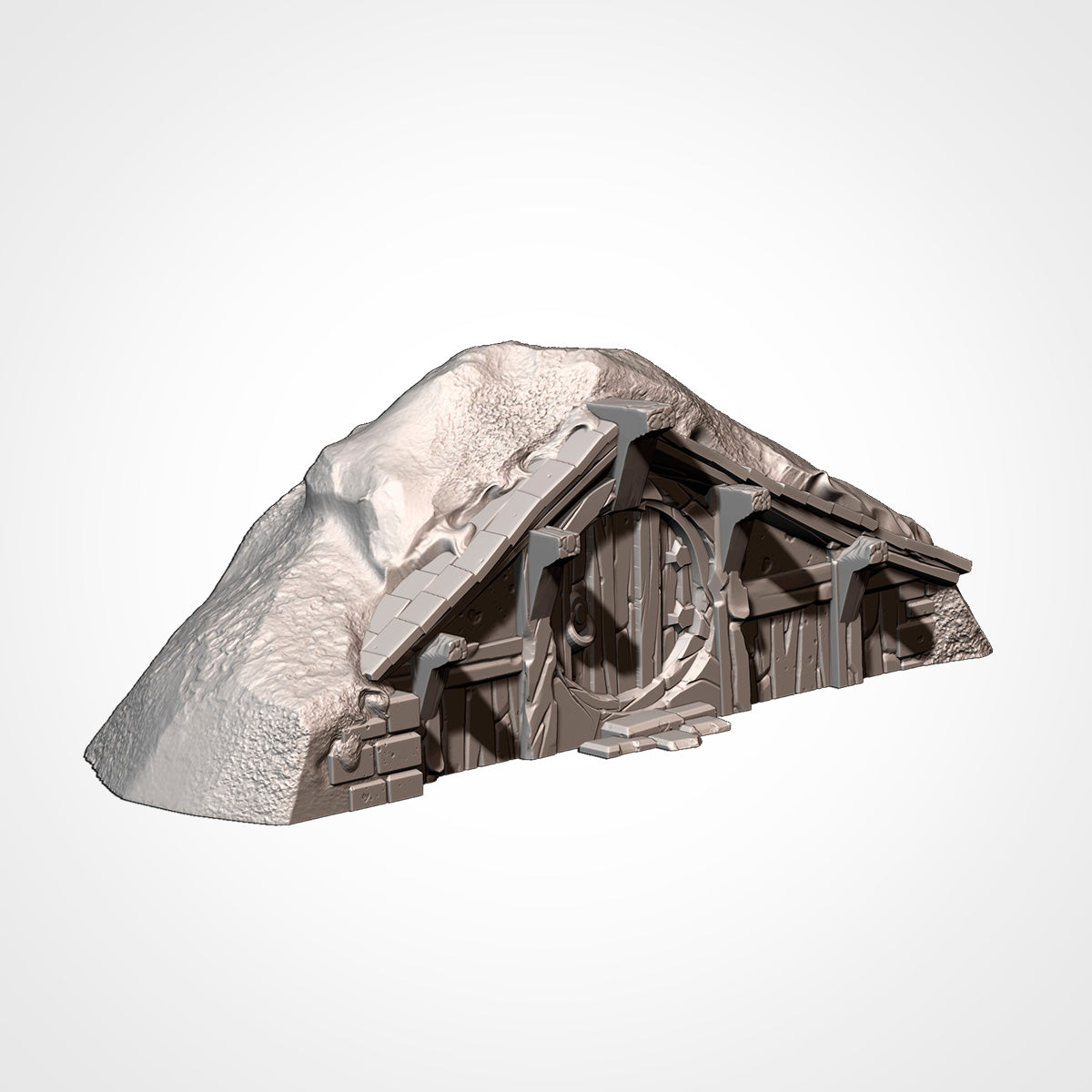 Burrow 5: three-quarter view showing the turf mound and steep gabled roof over the round door (Txarli Factory render).