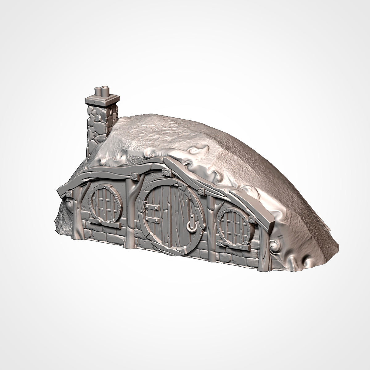 Burrow 6: three-quarter view showing the turf mound and two round windows and a double-pipe stone chimney (Txarli Factory render).