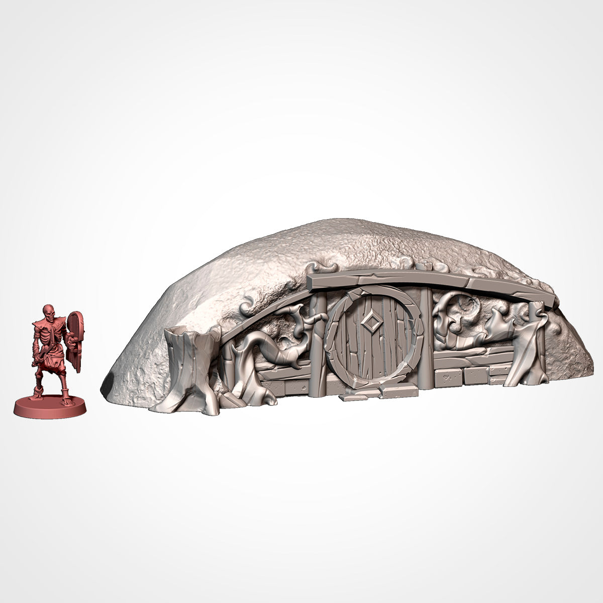 Burrow 7: front view beside a 32mm figure, low mound with a hollow stump and root-wrapped door (Txarli Factory render).
