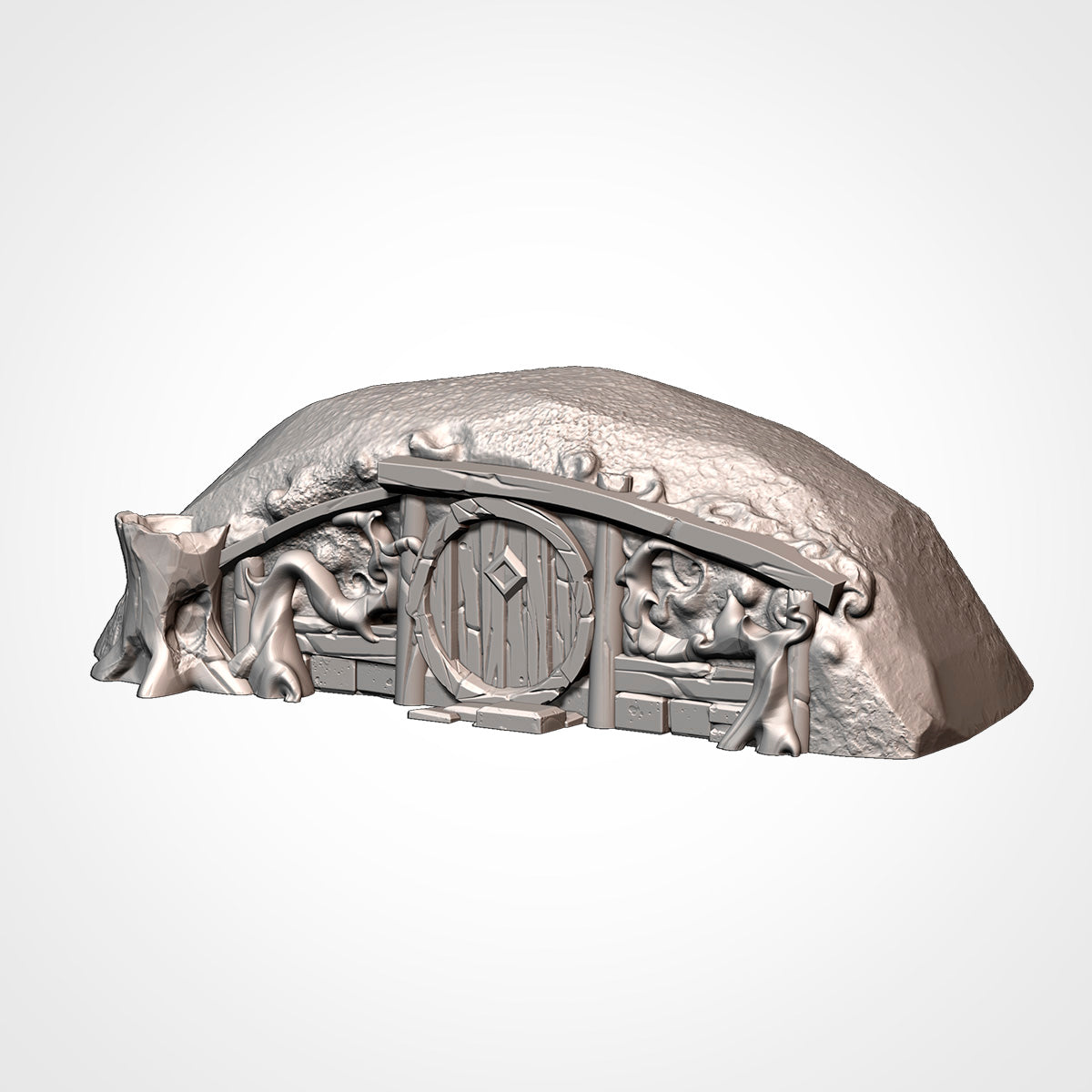 Burrow 7: three-quarter view showing the turf mound and low mound with a hollow stump and root-wrapped door (Txarli Factory render).