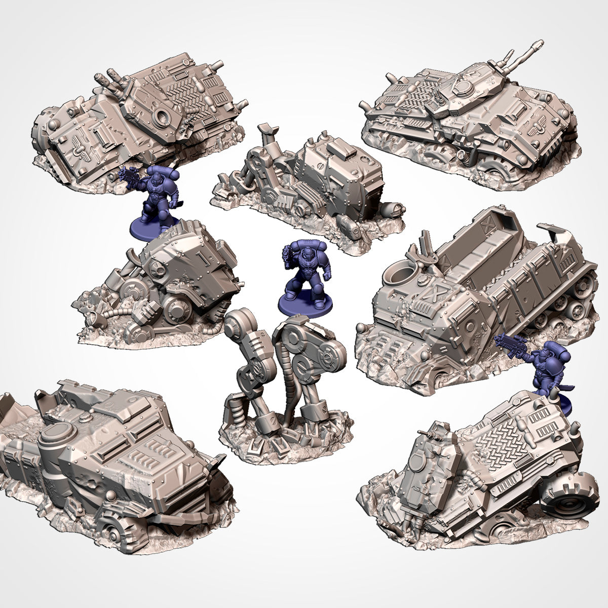Destroyed Vehicles by Txarli Factory: all eight wrecks as unpainted 3D renders with 32mm figures for scale.