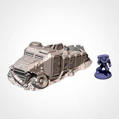 Half-Track 1: view beside a 32mm figure, half-track with open cargo bed and a torn-off front wheel (Txarli Factory render).