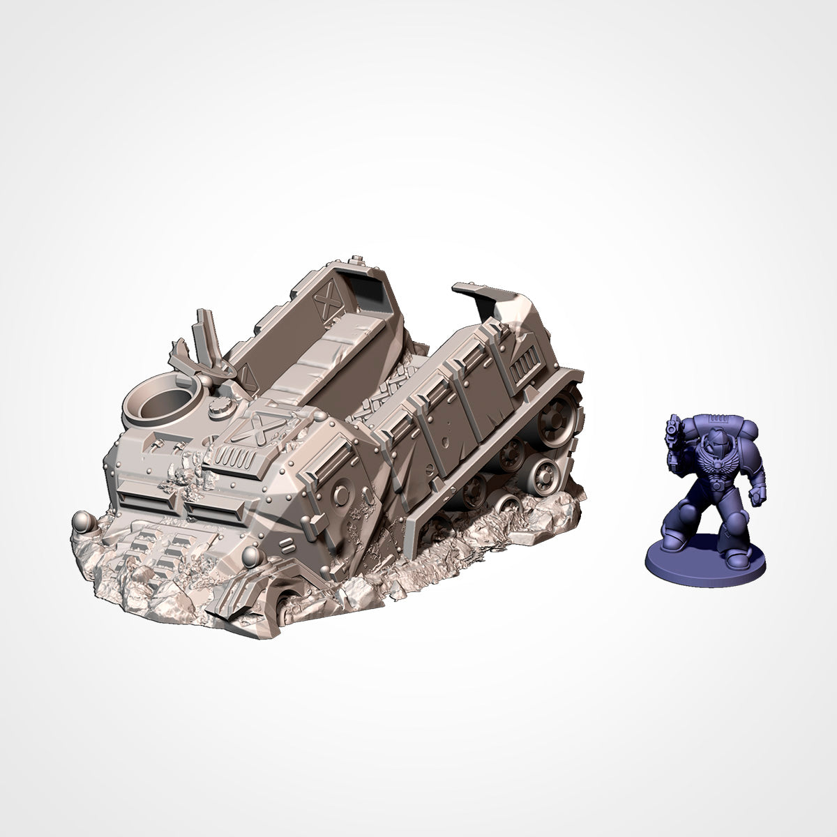 Half-Track 2: view beside a 32mm figure, half-track nosed into the ground with its rear bed thrown open (Txarli Factory render).