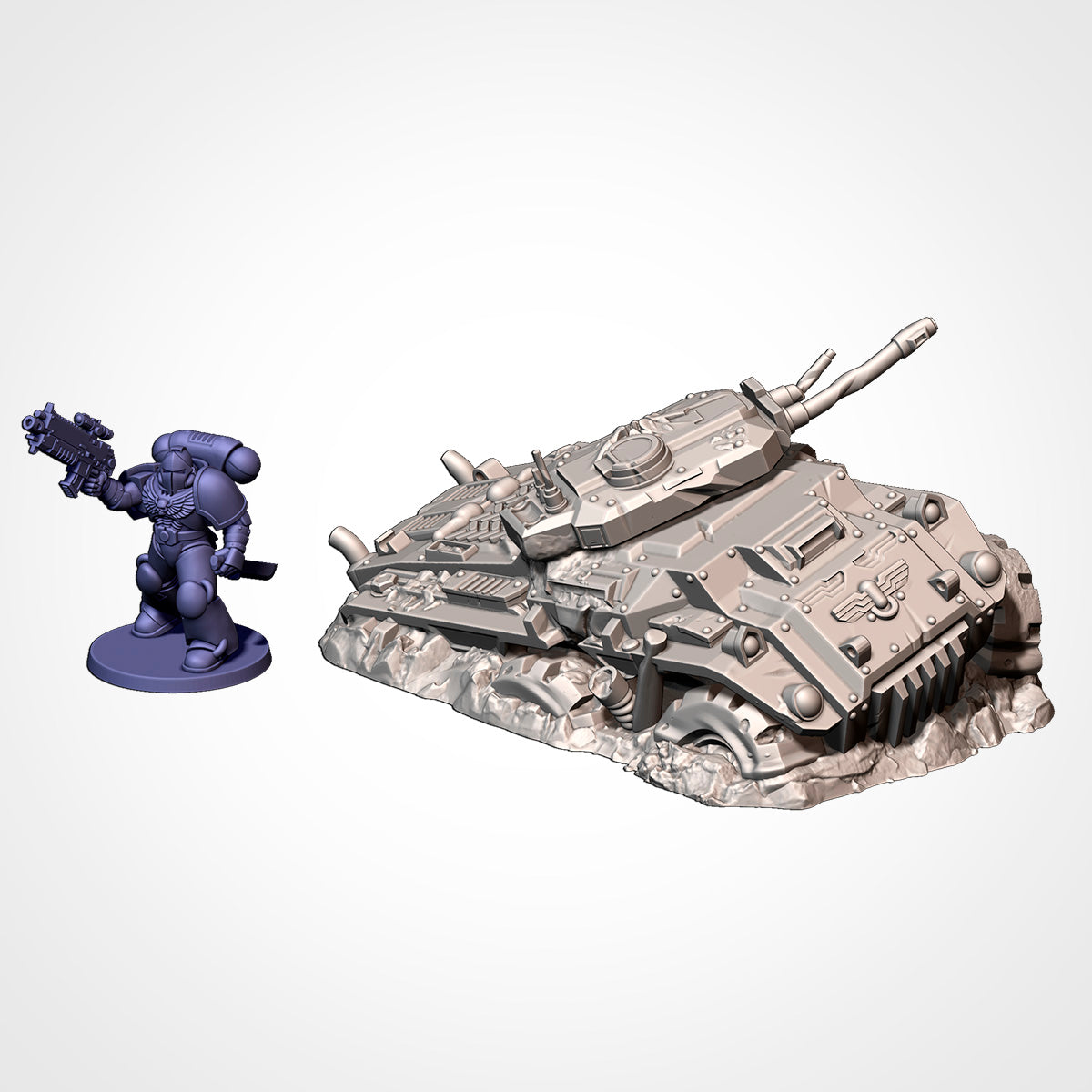 Armoured Car 1: view beside a 32mm figure, six-wheeled armoured car with turret and gun, sunk into the ground (Txarli Factory render).