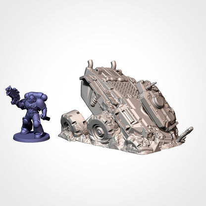 Armoured Car 2: view beside a 32mm figure, armoured car tipped onto its side, wheels in the air (Txarli Factory render).