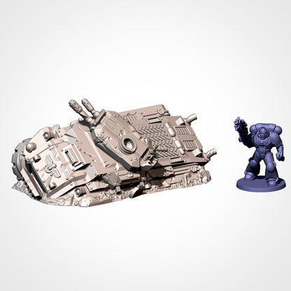 Armoured Car 3: view beside a 32mm figure, twin-gun armoured car overturned on its roof (Txarli Factory render).