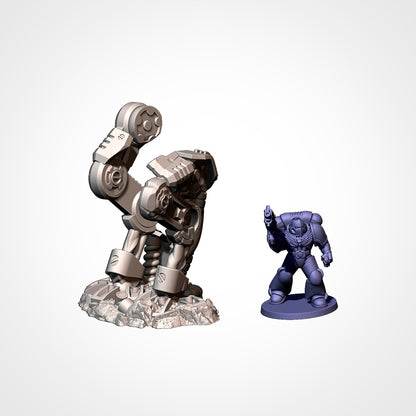 Walker 2: view beside a 32mm figure, walker legs and hip joints left standing, the body blown away (Txarli Factory render).