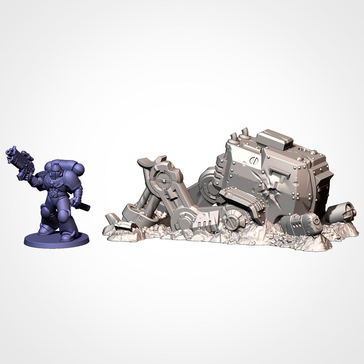 Walker 3: view beside a 32mm figure, walker body on its side with legs splayed and shed pistons (Txarli Factory render).
