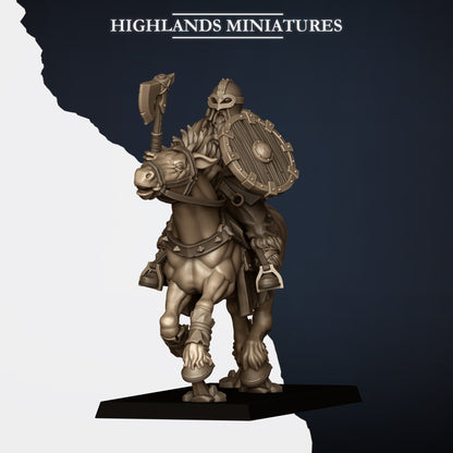 Mounted Norse Raiders Model E, axe raised and round shield, horned helm, Highlands Miniatures render