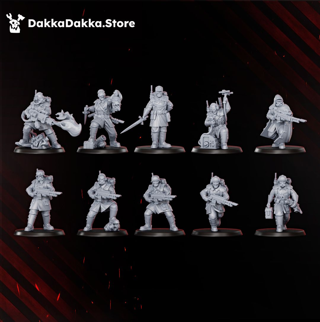 All ten Doomsday Division trench guardsmen, unpainted grey resin lineup