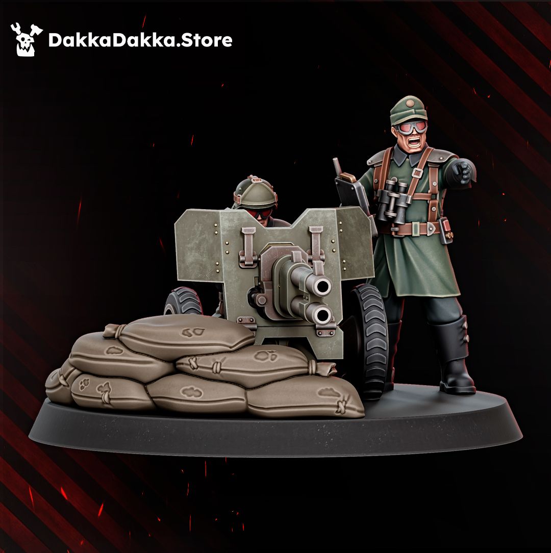 Wheeled shielded gun team with its gunner, a squad commander with binoculars and a sandbag emplacement