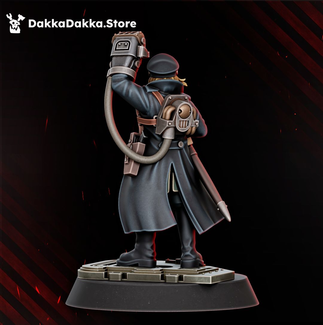 Kommissar Graber rear view, backpack power unit and cable feeding the power fist, female commissar resin miniature