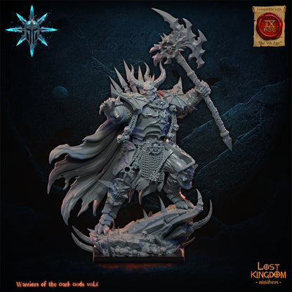 Dark Prince, towering champion of the Dark Gods with great axe over a fallen foe on a rocky base, front view, resin miniature by Lost Kingdom Miniatures
