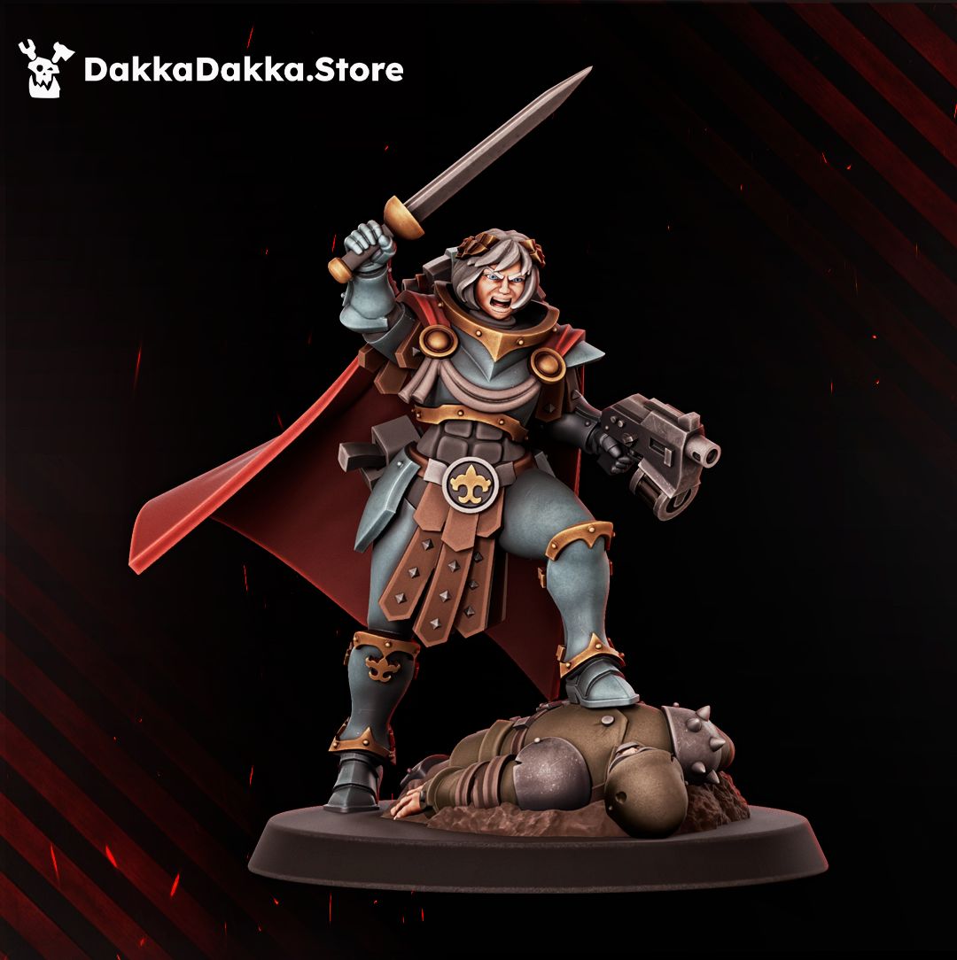 Bellatrix Banner Bearer with the Legio squad banner and bolt pistol, 32mm resin sister