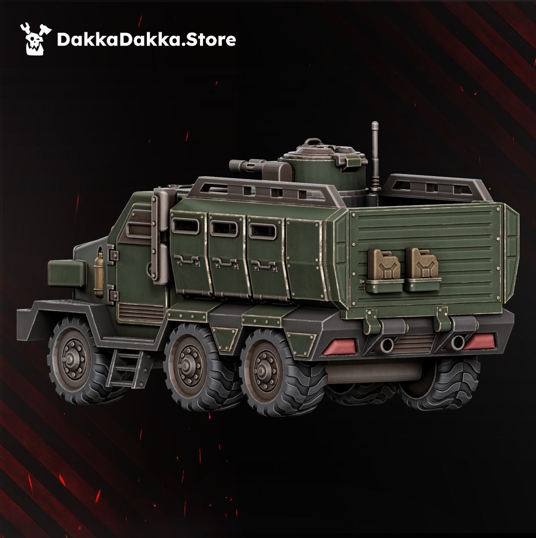 Render of Dinofelis WTV D8 6x6 Armoured Transport | 32mm Sci-Fi Resin Vehicle: rear three-quarter view showing the tailgate, fuel canisters and rear wheels.