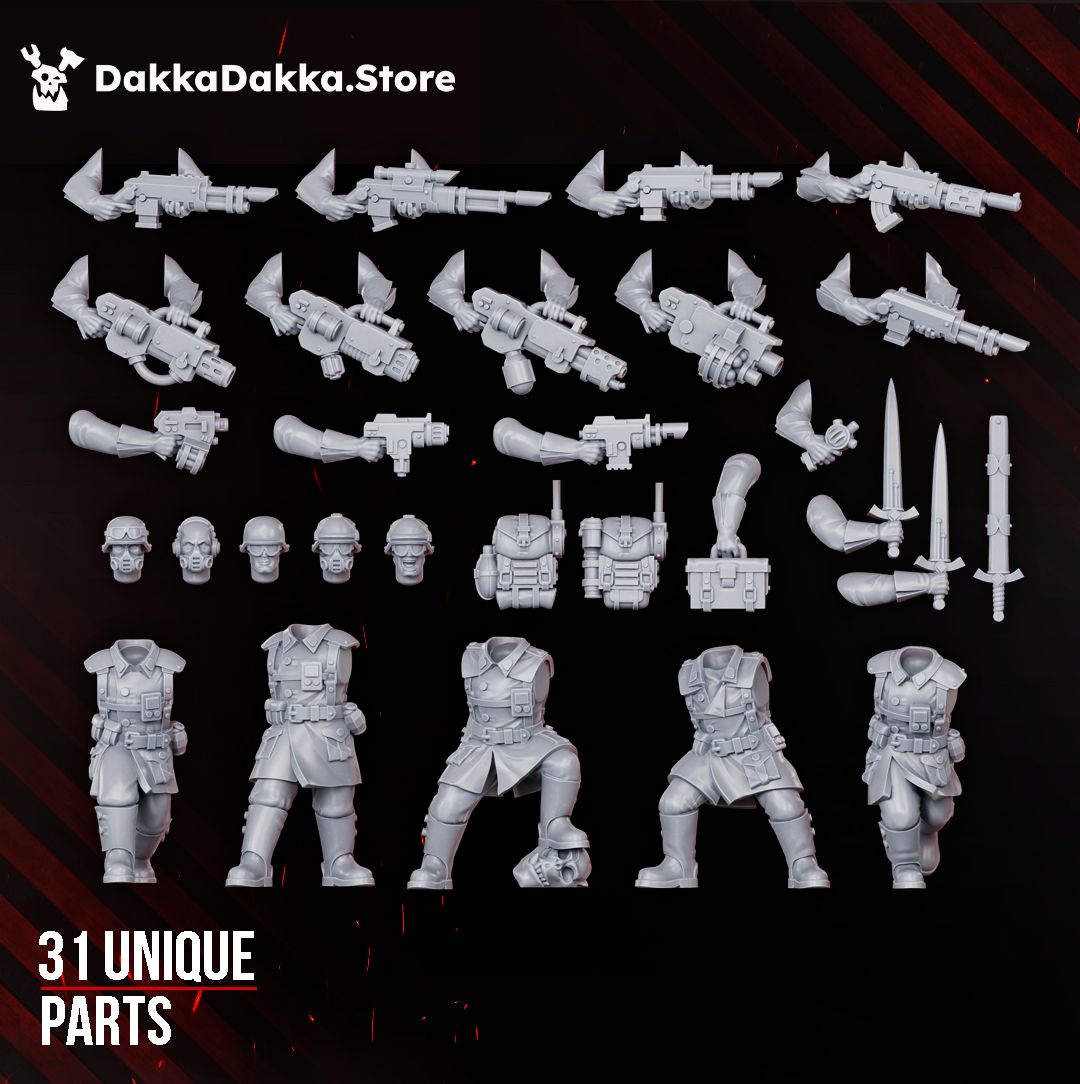 All unique parts of the Doomsday Infantry Squad build kit laid out, bodies, heads, weapon arms, backpacks and sword sheath