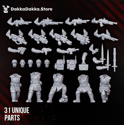 All unique parts of the Doomsday Infantry Squad build kit laid out, bodies, heads, weapon arms, backpacks and sword sheath