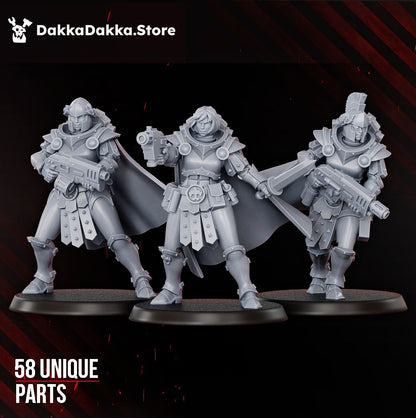 Three assembled Legio Artemis battle sisters showing the finished look of the kit