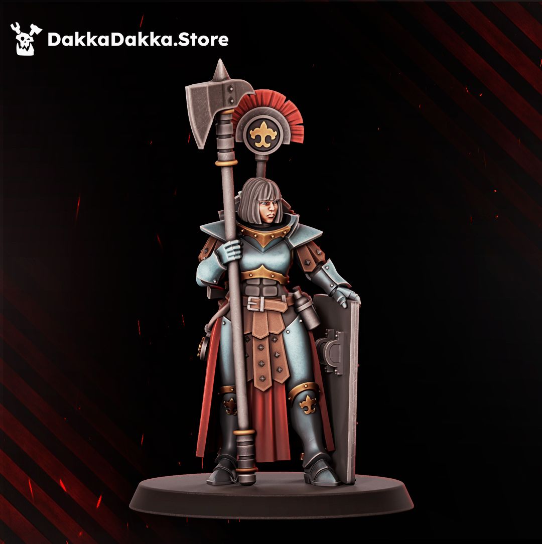 Eruptrix sister with a halberd and shield, bare headed female battle sister at 32mm