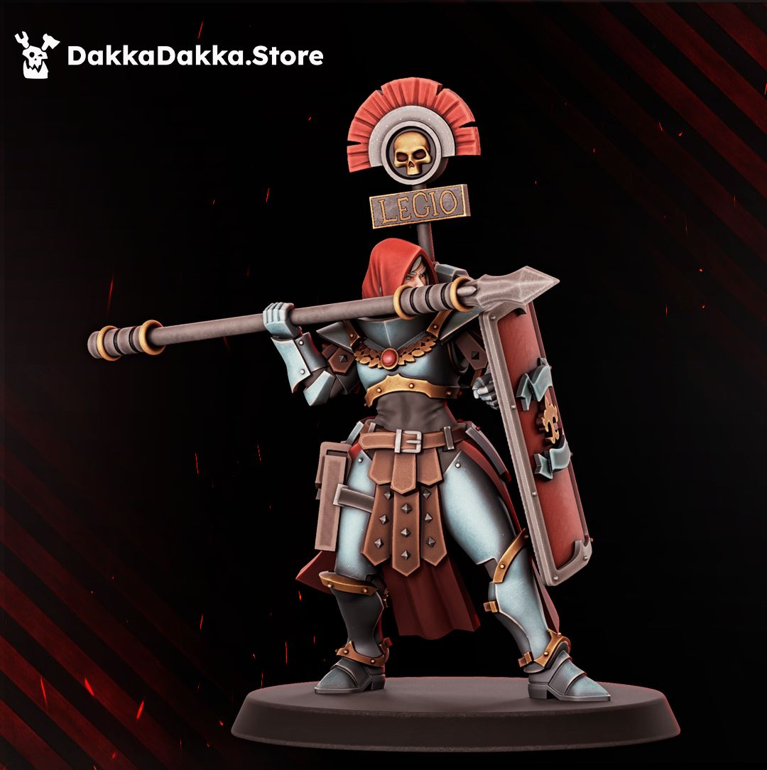 Eruptrix sister with a spear, shield and LEGIO squad plate, 32mm resin female battle sister