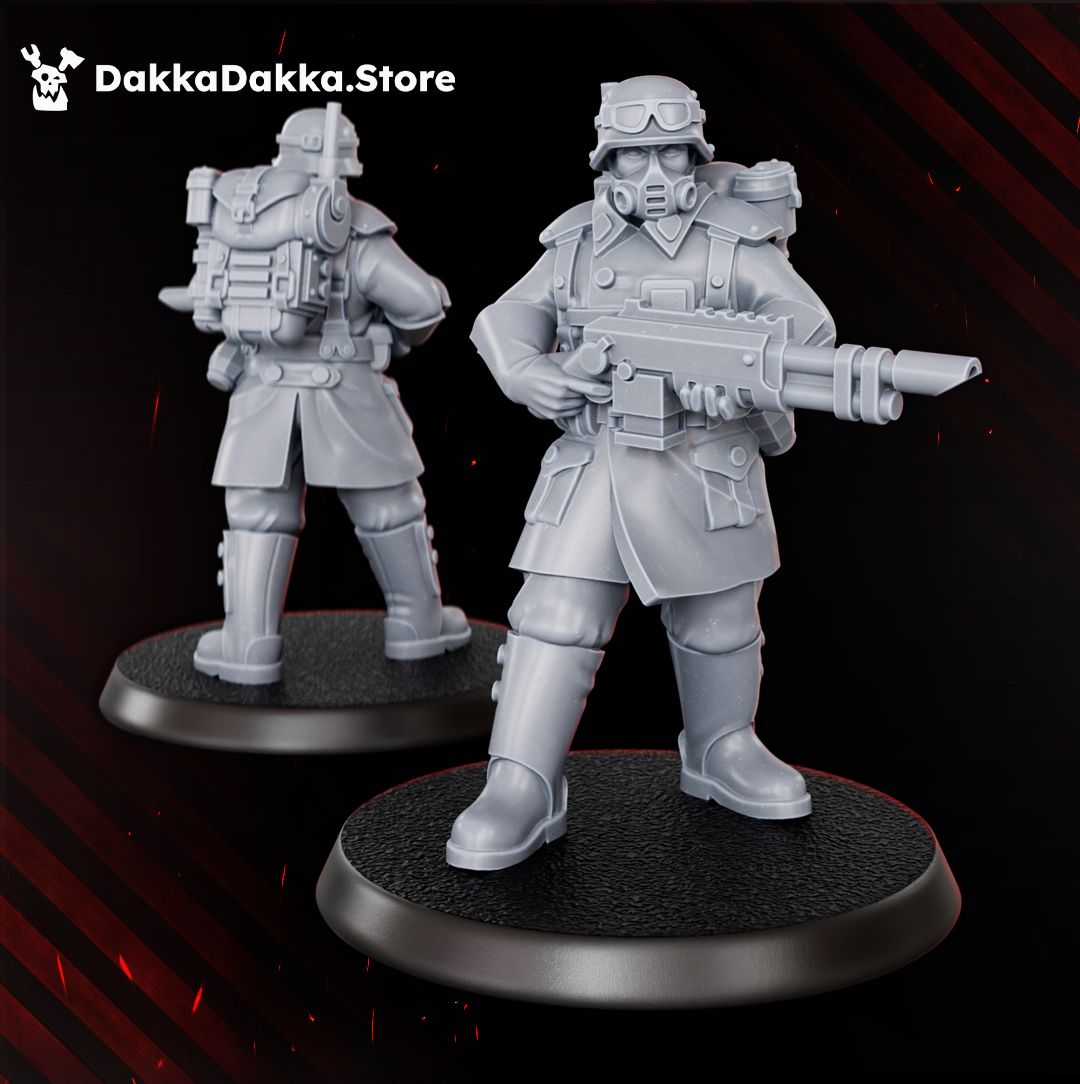 Doomsday las rifle trooper in greatcoat and gas mask, front and rear view, 32mm resin miniature