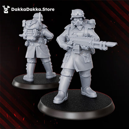 Doomsday las rifle trooper in greatcoat and gas mask, front and rear view, 32mm resin miniature