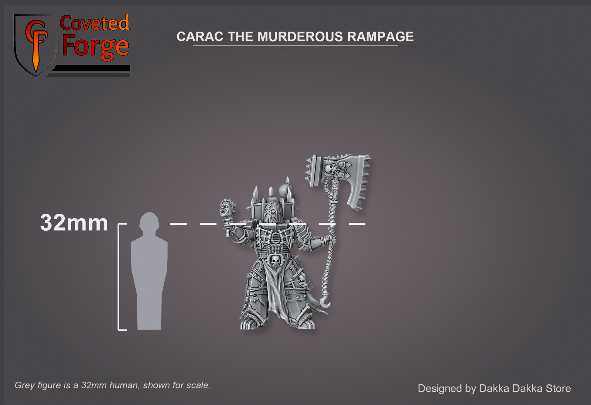 Carac The Murderous Rampage shown beside a 32mm human silhouette for scale on a charcoal card
