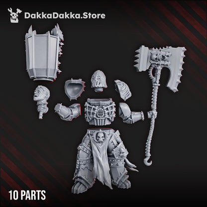 Unassembled resin components including robed body, skull faced helm, alternate head, pauldrons, arms, spiked backpack, and skull hafted axe