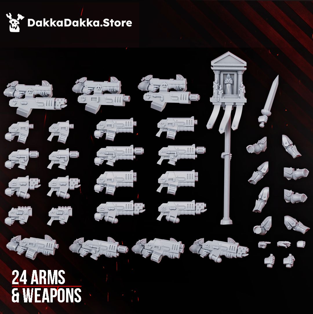 The kit's 24 arm and weapon bits, boltguns pistols meltaguns flamers and the legio banner