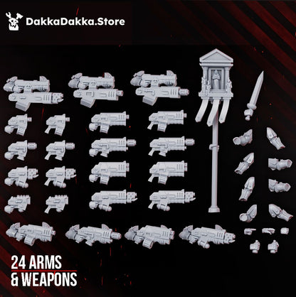 The kit's 24 arm and weapon bits, boltguns pistols meltaguns flamers and the legio banner